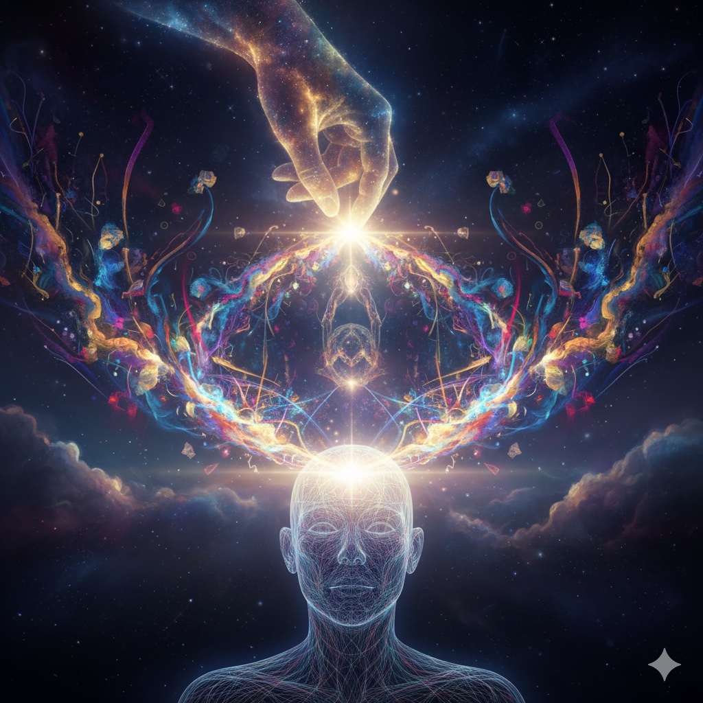 The Divine Spark - A cosmic hand planting the seed of creativity in human consciousness, representing the eternal cycle of inspiration and creation
