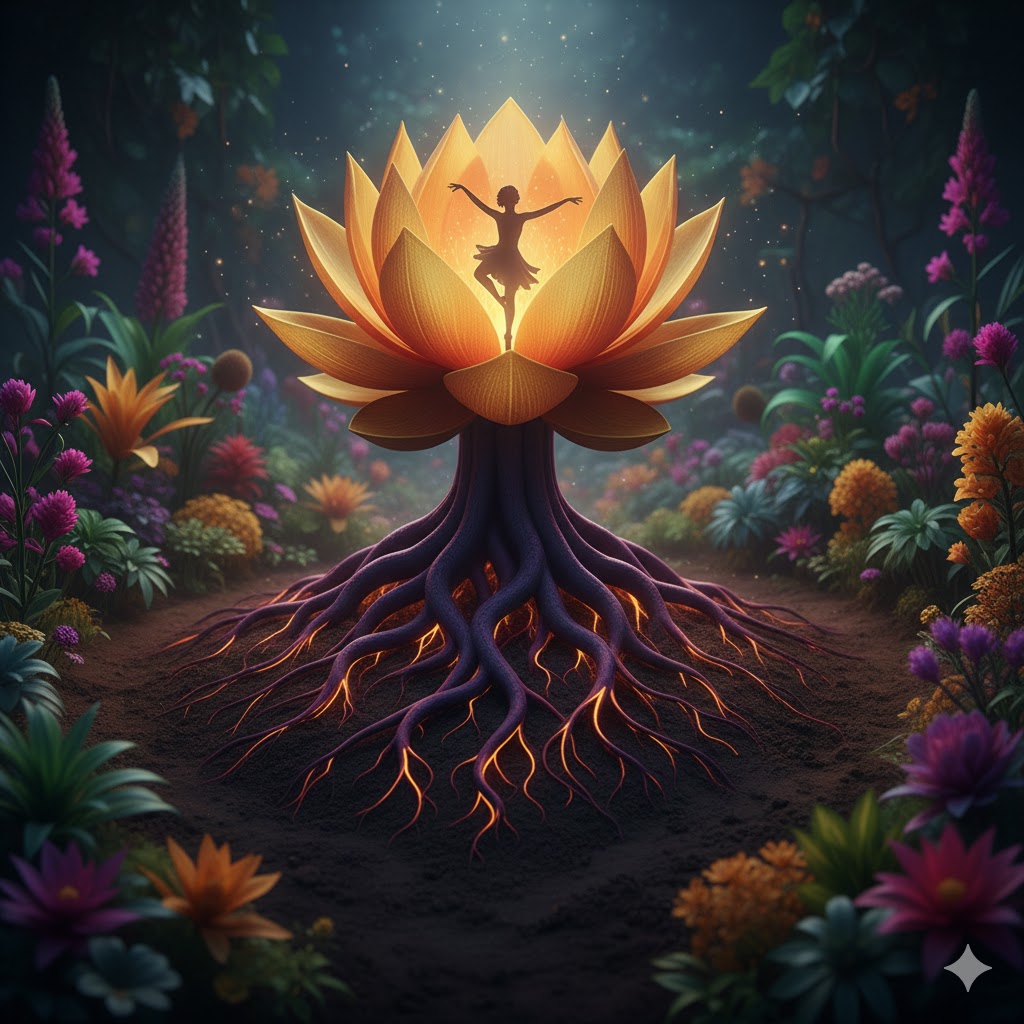 A woman dancing within a lotus flower, rooted in earth, surrounded by the Garden of the Soul