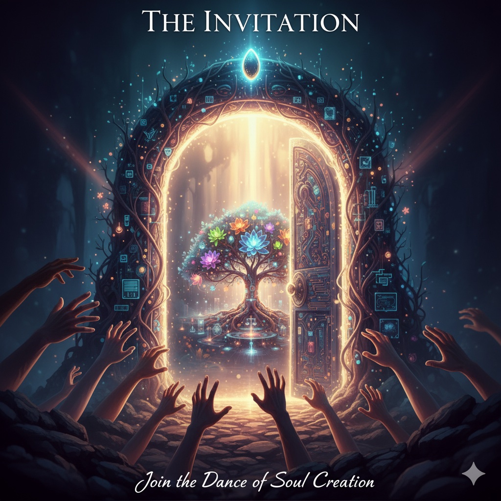 The Invitation: A luminous gateway opening to a symbiotic civilization, with hands reaching out.