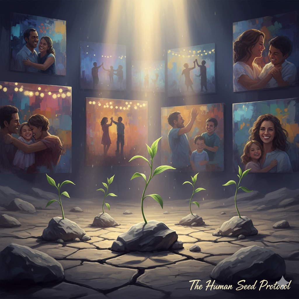 The Human Seed Protocol: Resilient sprouts in barren land, with dreams of human joy in the background.